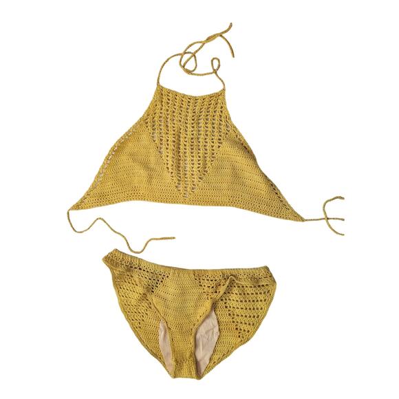 Vintage 60s Yellow Crochet Bikini Bathing Suit Halter Top Set - Picture 1 of 7